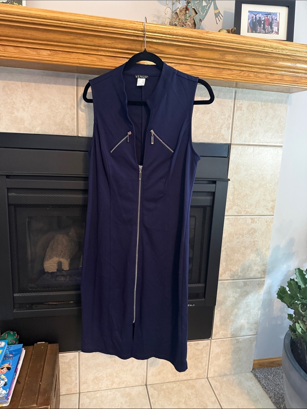 VENUS Navy Zip-Front Midi Dress